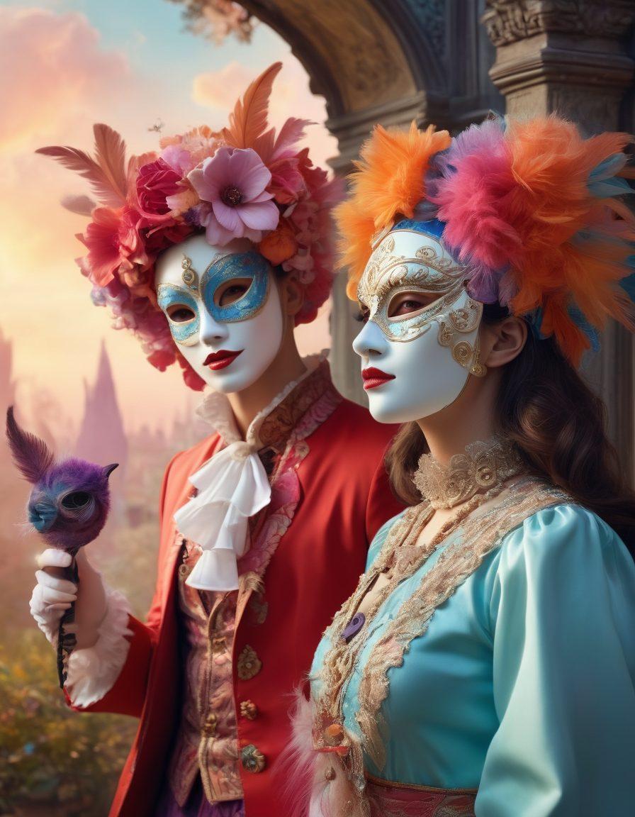 A vibrant scene of a whimsical fantasy world, featuring ornate masks, eclectic costumes, and an array of props representing various kinks and fetishes. In the background, a dreamy landscape filled with soft pastel colors and playful elements, hinting at adult playfulness. Characters dressed in fantasy attire engage in imaginative role play, embodying different personas. The atmosphere is captivating and inviting, blending an air of mystery and excitement. 3D. vibrant colors. surreal art.