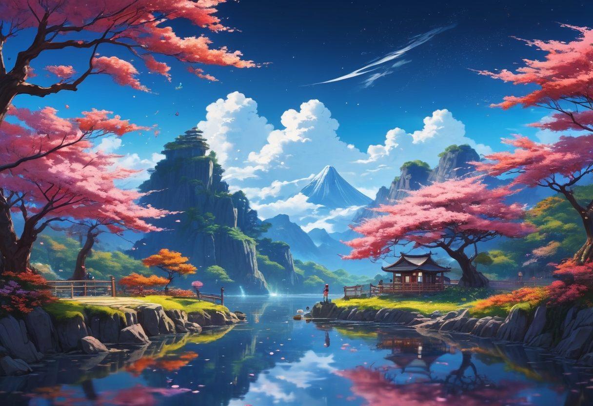 A vibrant, surreal landscape depicting a whimsical blend of anime-inspired characters engaging in playful, lighthearted adventures, set against a colorful backdrop of fantasy elements. Integrate hints of adult animation style with bold outlines and exaggerated expressions, while maintaining an artistic elegance. Add elements like cherry blossoms and starry skies to evoke a dreamy, alluring atmosphere. Super-realistic, vibrant colors, anime style.