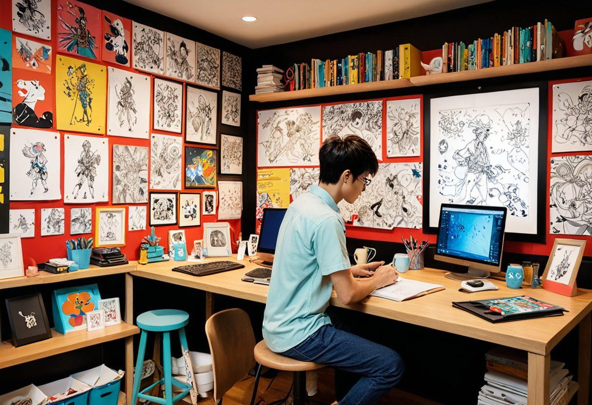 A dynamic scene featuring an artist's studio filled with vibrant manga panels and animation sketches scattered around. In the foreground, an animator is passionately drawing characters on a tablet, while colorful animations float around in a dreamlike manner. Include elements of both Japanese manga stylization and Western animation influences intertwined, all set against a backdrop of bright splashes of color and playful designs. vibrant colors. super-realistic.